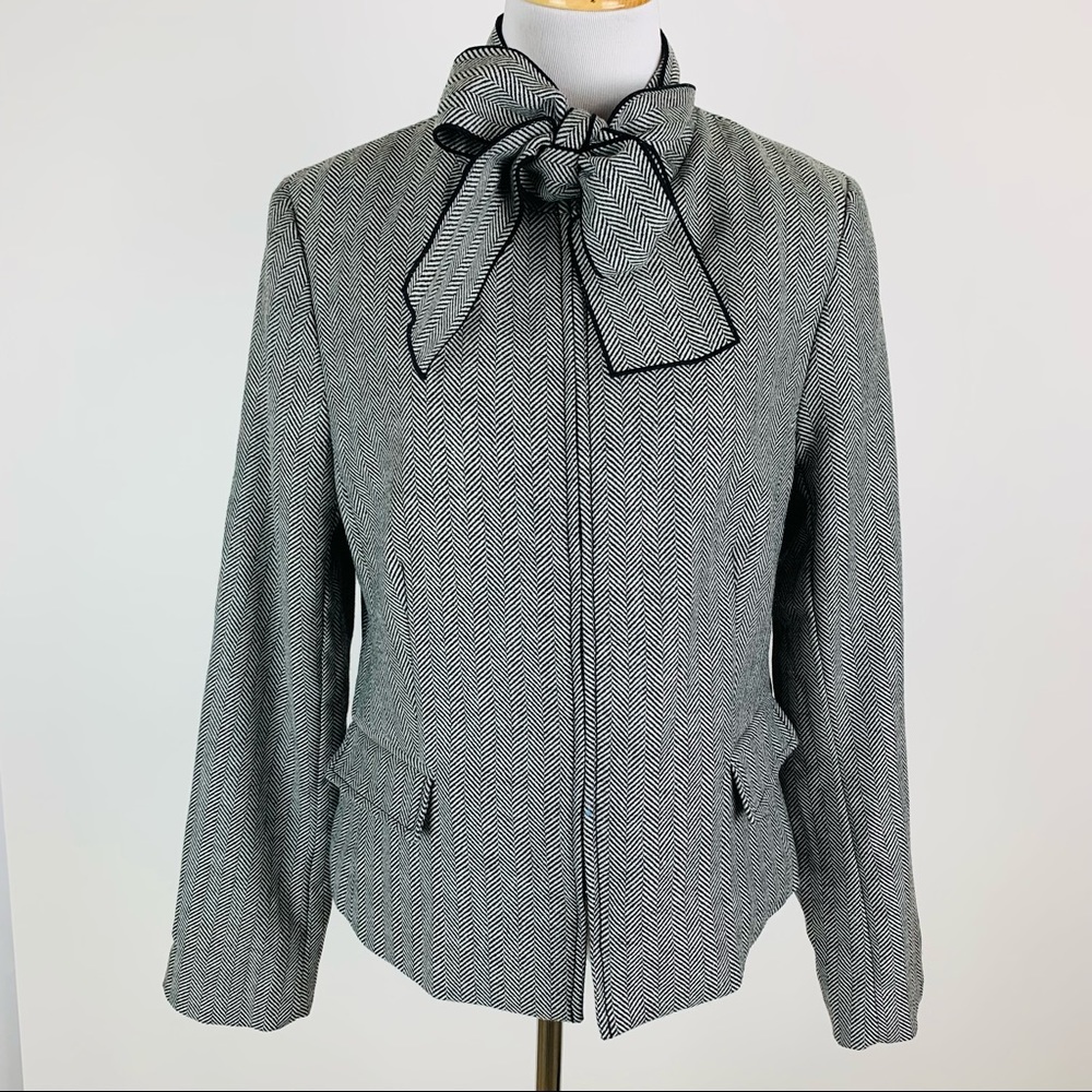 Banana Republic Wool Herringbone Tie Neck Zip Front Blazer Sz 12
